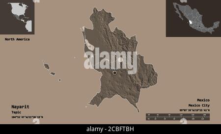 Shape of Nayarit, state of Mexico, and its capital. Distance scale, previews and labels. Colored elevation map. 3D rendering Stock Photo