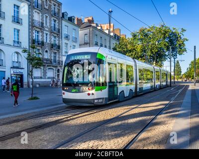 Alstom Citadis electric tram operated by Semitan on the Cours Franklin Roosevelt in Nantes, Loire-Atlantique, France. Stock Photo