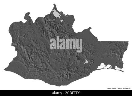 Shape of Oaxaca, state of Mexico, with its capital isolated on white background. Bilevel elevation map. 3D rendering Stock Photo