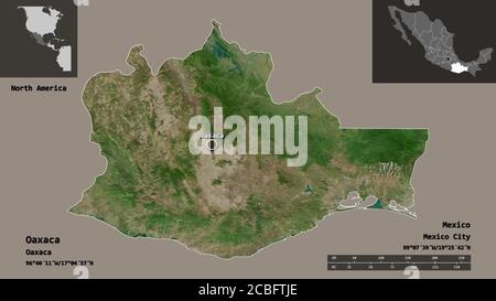 Shape of Oaxaca, state of Mexico, and its capital. Distance scale, previews and labels. Satellite imagery. 3D rendering Stock Photo