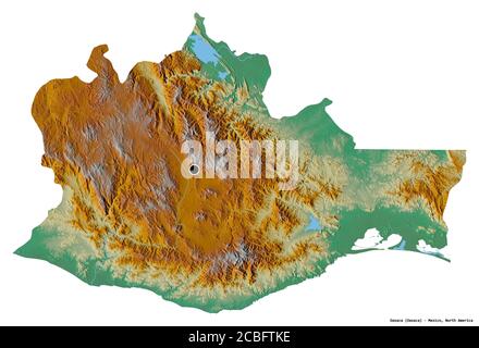 Shape of Oaxaca, state of Mexico, with its capital isolated on white background. Topographic relief map. 3D rendering Stock Photo