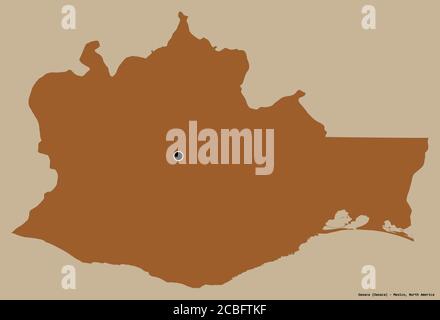 Shape of Oaxaca, state of Mexico, with its capital isolated on a solid color background. Composition of patterned textures. 3D rendering Stock Photo