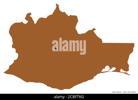 Shape of Oaxaca, state of Mexico, with its capital isolated on white background. Composition of patterned textures. 3D rendering Stock Photo