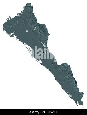 Shape of Sinaloa, state of Mexico, with its capital isolated on white background. Colored elevation map. 3D rendering Stock Photo