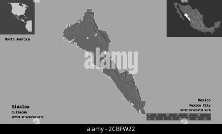 Shape of Sinaloa, state of Mexico, and its capital. Distance scale, previews and labels. Bilevel elevation map. 3D rendering Stock Photo