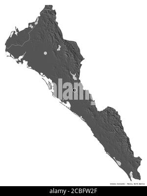 Shape of Sinaloa, state of Mexico, with its capital isolated on white background. Bilevel elevation map. 3D rendering Stock Photo