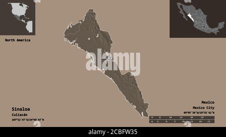 Shape of Sinaloa, state of Mexico, and its capital. Distance scale, previews and labels. Colored elevation map. 3D rendering Stock Photo