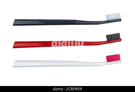 New toothbrushes - white, red and black - isolated on a white background - side view Stock Photo