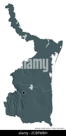 Shape of Tamaulipas, state of Mexico, with its capital isolated on white background. Colored elevation map. 3D rendering Stock Photo