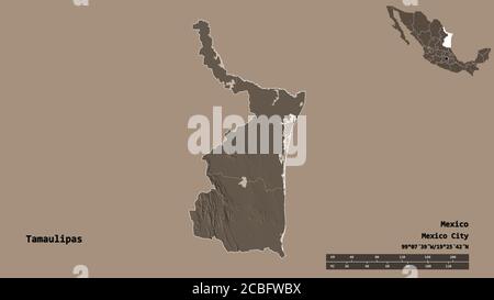 Shape of Tamaulipas, state of Mexico, with its capital isolated on solid background. Distance scale, region preview and labels. Colored elevation map. Stock Photo