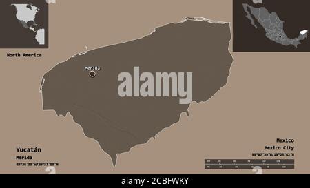 Shape of Yucatán, state of Mexico, and its capital. Distance scale, previews and labels. Colored elevation map. 3D rendering Stock Photo