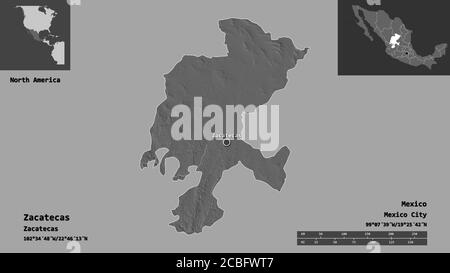 Shape of Zacatecas, state of Mexico, and its capital. Distance scale, previews and labels. Bilevel elevation map. 3D rendering Stock Photo