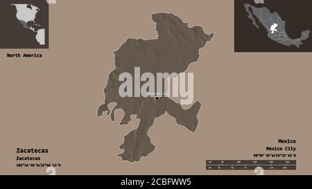 Shape of Zacatecas, state of Mexico, and its capital. Distance scale, previews and labels. Colored elevation map. 3D rendering Stock Photo