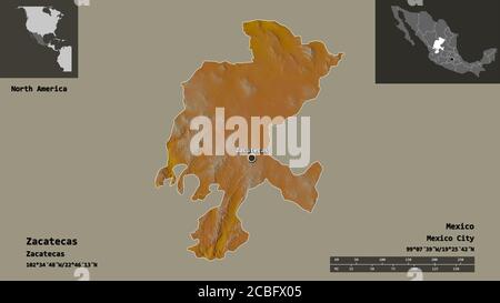 Shape of Zacatecas, state of Mexico, and its capital. Distance scale, previews and labels. Topographic relief map. 3D rendering Stock Photo