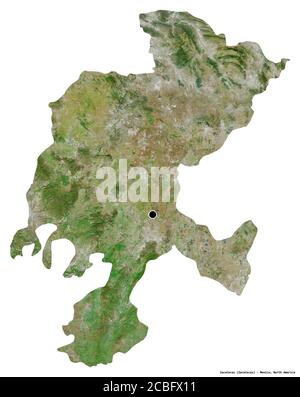 Shape of Zacatecas, state of Mexico, with its capital isolated on white background. Satellite imagery. 3D rendering Stock Photo