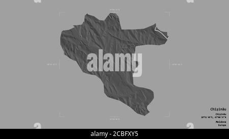 Area of Chişinău, city of Moldova, isolated on a solid background in a georeferenced bounding box. Labels. Bilevel elevation map. 3D rendering Stock Photo