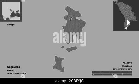 Shape of Găgăuzia, autonomous territory of Moldova, and its capital. Distance scale, previews and labels. Bilevel elevation map. 3D rendering Stock Photo