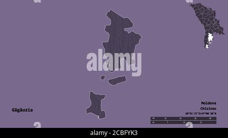 Shape of Găgăuzia, autonomous territory of Moldova, with its capital isolated on solid background. Distance scale, region preview and labels. Colored Stock Photo