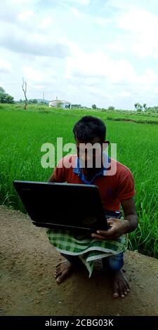 DISTRICT KATNI, INDIA - AUGUST 14, 2019: An indian village poor farmer operating laptop around agriculture green field. Stock Photo