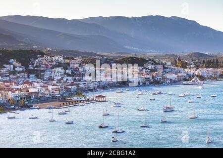 View of Galatas village in Peloponnese peninsula from Poros island Stock Photo