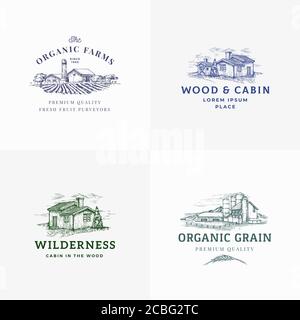 Farms and Cabins Abstract Vector Signs, Symbols or Logo Templates Set. Hand Drawn Landscapes with Buildings Sketches with Classy Retro Typography Stock Vector