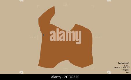 Area of Darhan-Uul, municipality of Mongolia, isolated on a solid background in a georeferenced bounding box. Labels. Composition of patterned texture Stock Photo