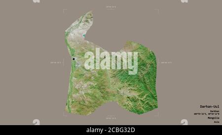 Area of Darhan-Uul, municipality of Mongolia, isolated on a solid background in a georeferenced bounding box. Labels. Satellite imagery. 3D rendering Stock Photo