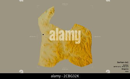 Area of Darhan-Uul, municipality of Mongolia, isolated on a solid background in a georeferenced bounding box. Labels. Topographic relief map. 3D rende Stock Photo