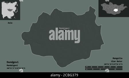 Shape of Dundgovi, province of Mongolia, and its capital. Distance scale, previews and labels. Colored elevation map. 3D rendering Stock Photo