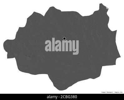 Shape of Dundgovi, province of Mongolia, with its capital isolated on white background. Bilevel elevation map. 3D rendering Stock Photo