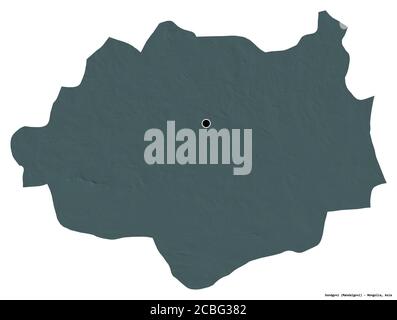 Shape of Dundgovi, province of Mongolia, with its capital isolated on white background. Colored elevation map. 3D rendering Stock Photo