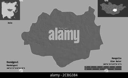 Shape of Dundgovi, province of Mongolia, and its capital. Distance scale, previews and labels. Bilevel elevation map. 3D rendering Stock Photo