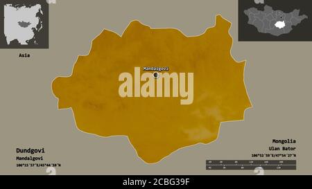 Shape of Dundgovi, province of Mongolia, and its capital. Distance scale, previews and labels. Topographic relief map. 3D rendering Stock Photo