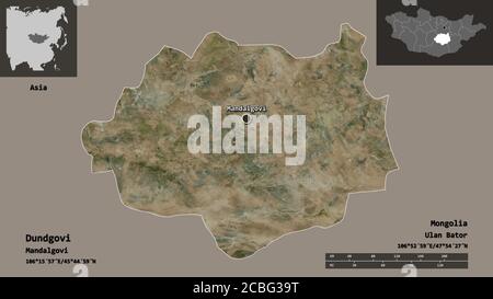 Shape of Dundgovi, province of Mongolia, and its capital. Distance scale, previews and labels. Satellite imagery. 3D rendering Stock Photo