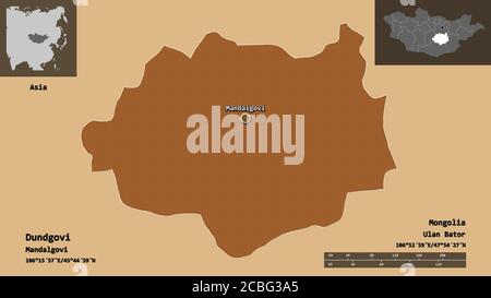 Shape of Dundgovi, province of Mongolia, and its capital. Distance scale, previews and labels. Composition of regularly patterned textures. 3D renderi Stock Photo