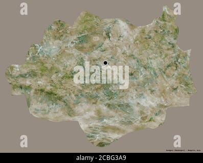 Shape of Dundgovi, province of Mongolia, with its capital isolated on a solid color background. Satellite imagery. 3D rendering Stock Photo