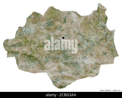 Shape of Dundgovi, province of Mongolia, with its capital isolated on white background. Satellite imagery. 3D rendering Stock Photo