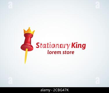 Stationary King Absrtract Vector Sign, Symbol or Logo Template. Red Pin with a Golden Crown Realistic Gradient Symbol with Modern Typography. Stock Vector