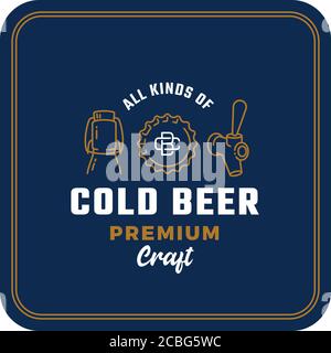 All Kinds of Cold Beer. Abstract Vector Beer Sign, Logo or Coaster Template. Growler Bottle, Cap and Beer Tap Icons with Vintage Monogram and Retro Stock Vector