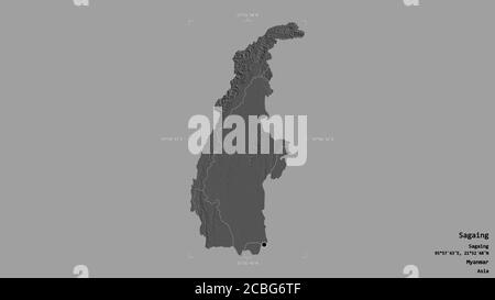 Area of Sagaing, division of Myanmar, isolated on a solid background in a georeferenced bounding box. Labels. Bilevel elevation map. 3D rendering Stock Photo