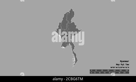 Desaturated shape of Myanmar with its capital, main regional division and the separated Sagaing area. Labels. Bilevel elevation map. 3D rendering Stock Photo