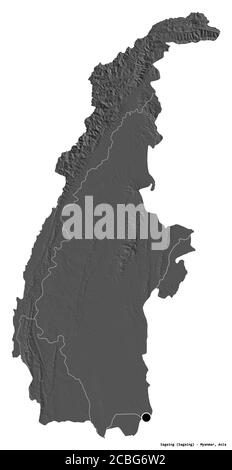 Shape of Sagaing, division of Myanmar, with its capital isolated on white background. Bilevel elevation map. 3D rendering Stock Photo