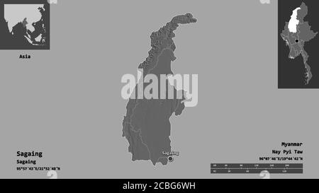 Shape of Sagaing, division of Myanmar, and its capital. Distance scale, previews and labels. Bilevel elevation map. 3D rendering Stock Photo