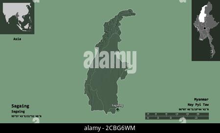 Shape of Sagaing, division of Myanmar, and its capital. Distance scale, previews and labels. Colored elevation map. 3D rendering Stock Photo