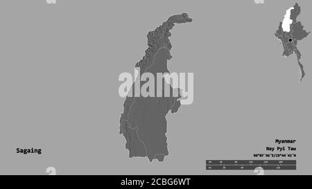 Shape of Sagaing, division of Myanmar, with its capital isolated on solid background. Distance scale, region preview and labels. Bilevel elevation map Stock Photo