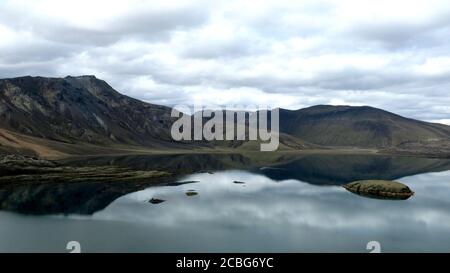Beautiful Scene in Lamannalaugar Reflected in a Tranquil Lake Stock Photo