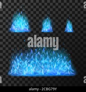 Blue fire flames. Light hot blazing, danger and power Stock Vector