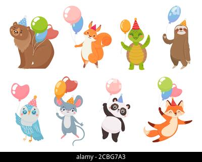 Animals with balloons, greeting party celebration birthday Stock Vector