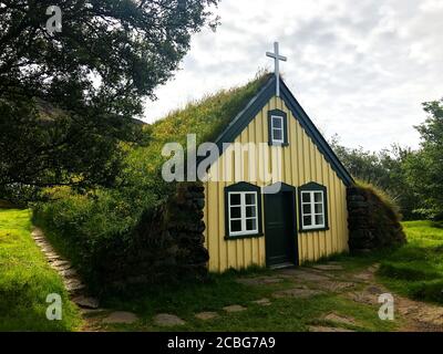 Hofskirkja, The Last Turf Church Built in Iceland (Front Close up) Stock Photo