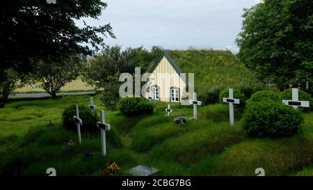 Hofskirkja, The Last Turf Church Built in Iceland, with Crosses (Wide) Stock Photo